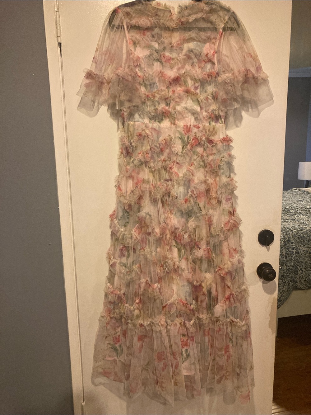 women’s  Floral Ruffle Tulle Dress in Pastel Pink and Cream